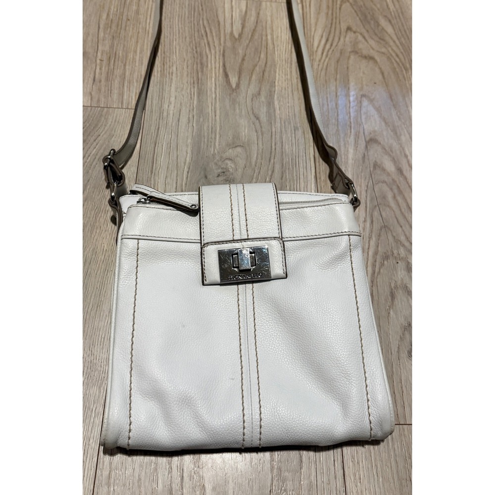 White Pebbled Leather Crossbody Bag Turn Lock Built-in Wallet & Organizer